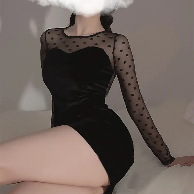 

Sexy Lingerie Women's Retro Velvet Long-Sleeved Polka Dot Mesh Palace Style Comfortable Hip Skirt See-Through Backless Nightclub