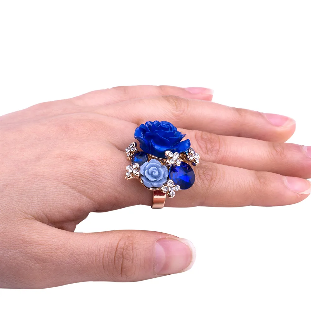 New 7 colors Resin Rose Flowers Gold Color Crystal Adjustable Opening Ring for Women Wedding Statement Finger Rings