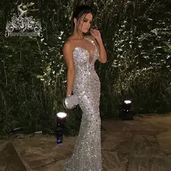 Sparkle Silver Sequined Long Prom Dresses See Thru Sexy V-neck One Shoulder Crystal Straight Prom Gowns Fashion Formal Dresses