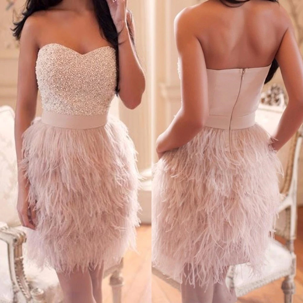 New Prom Dresses Sweetheart Feather Dresses With Sequins Beaded Short Dresses For Party Evening Vestidos Formatura