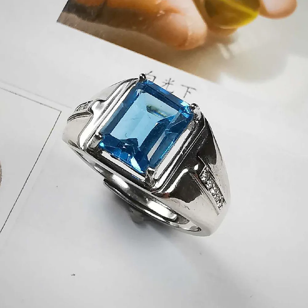 Fashion Square Blue Crystal Topaz Gemstones Diamonds Men\'s Finger Rings White Gold Silver Color Jewelry Cool Accessories Gifts