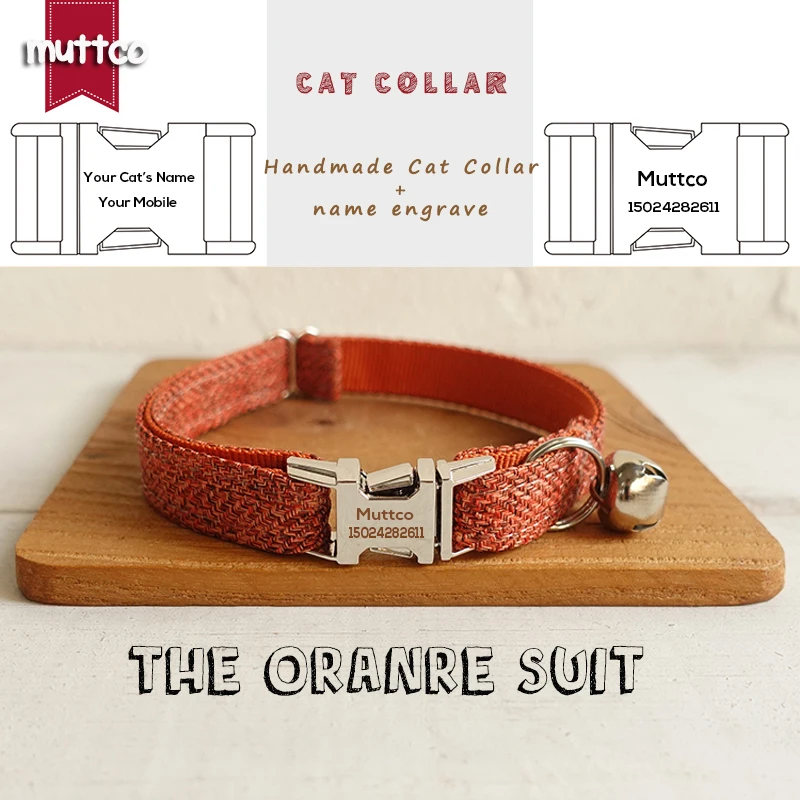 MUTTCO  retailing handmade engraved metal buckle cat collar THE ORANGE SUIT gentleman pet products personalized ID UCC069