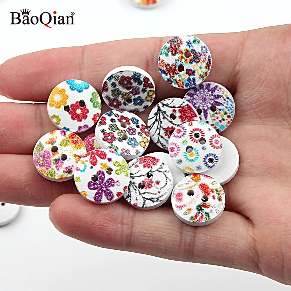 50Pcs 15mm Mixed Flower Painted Wooden Buttons For Clothing Scrapbooking Buttons Crafts DIY Needlework Sewing Accessories