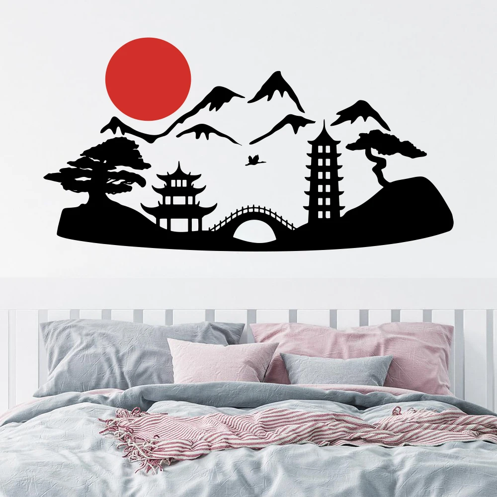 Large 2 Colors Japan Landscape Pagoda Sakura Sun Temple Wall Decal Sticker City Urban Vinyl Bedroom Living Room Home Decor