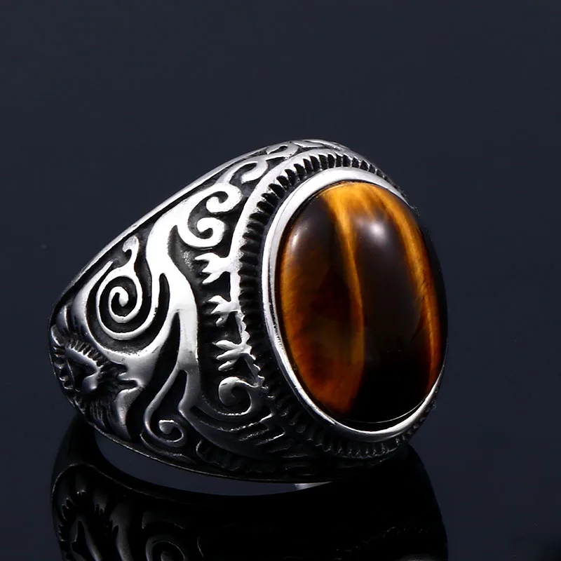 BEIER Vintage Man Boy Oval Tiger Eye Brown Stones Ring in Stainless Steel Jewelry Mens Accessories Anel Aneis BR8-699