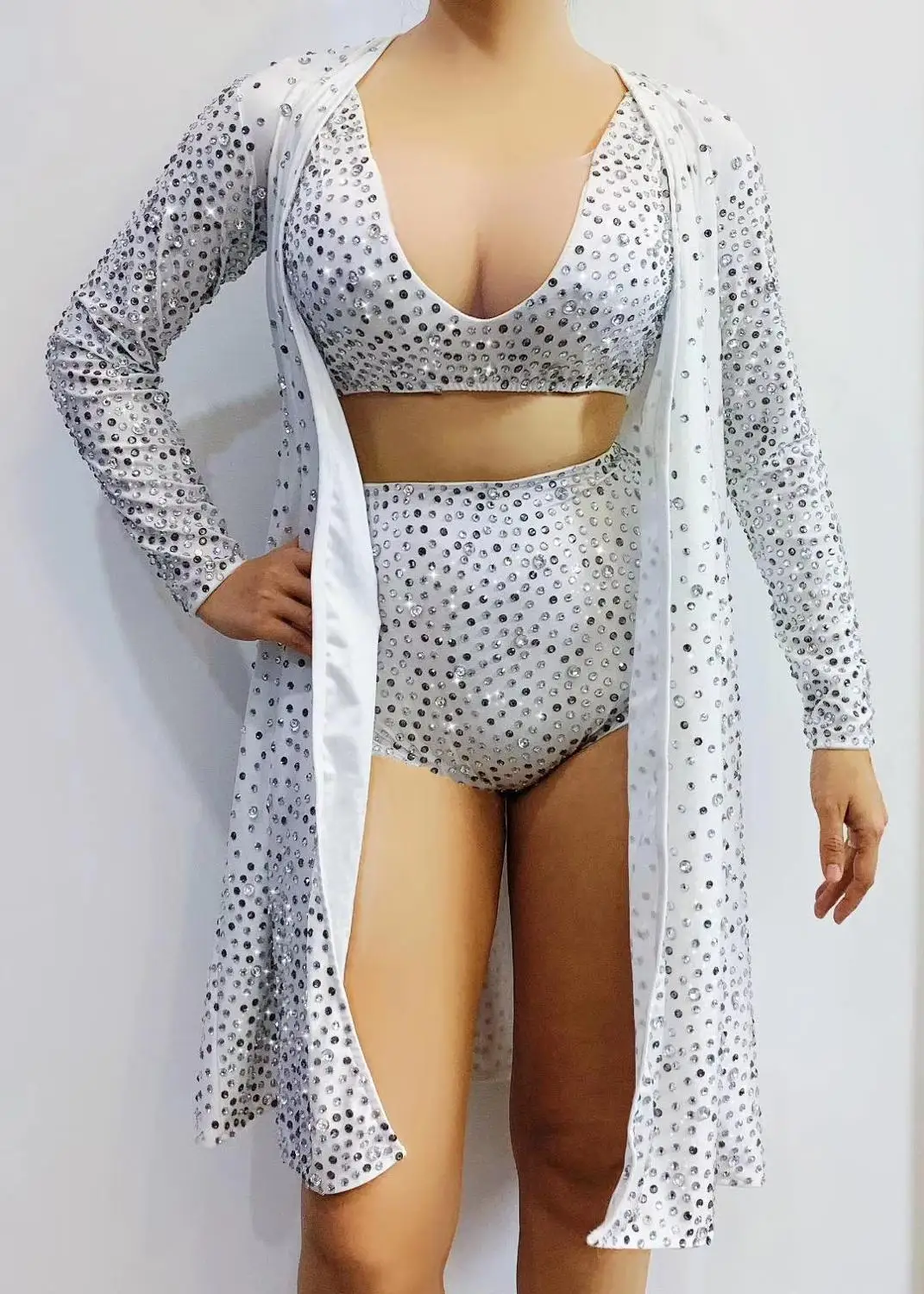 

Women Silver Rhinestones Bra Short Jacket White Outfit Set Bar Dance Singer Show Wear Stage Prom Outfit Set Pole Dance Costume