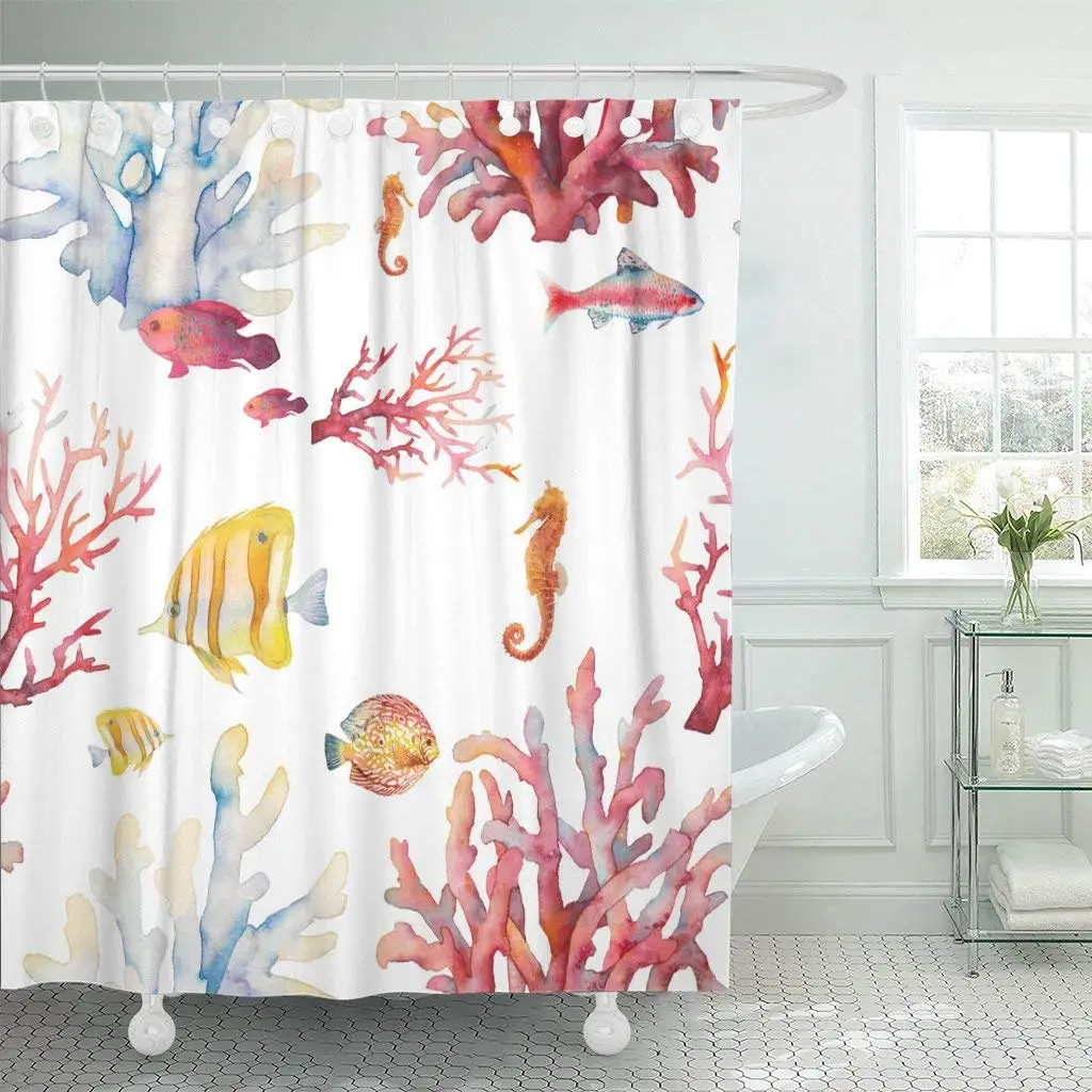 Watercolor Coral Reef Realistic Tropical Fishes Sea Horse Shower Curtain Waterproof Polyester Fabric 72 x 72 Inches with Hooks