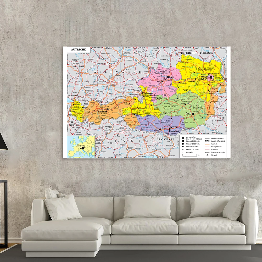 150*100cm The Austria Traffic and Political Map In French Wall Art Poster Non-woven Canvas Painting Home Decor School Supplies