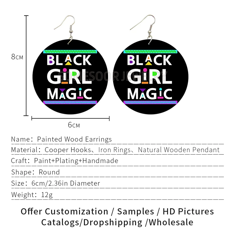 SOMESOOR Black Girl Magic Writings African Wooden Drop Earrings Afro Power Sayings Melanin Wood Dangle Jewelry For Women Gifts