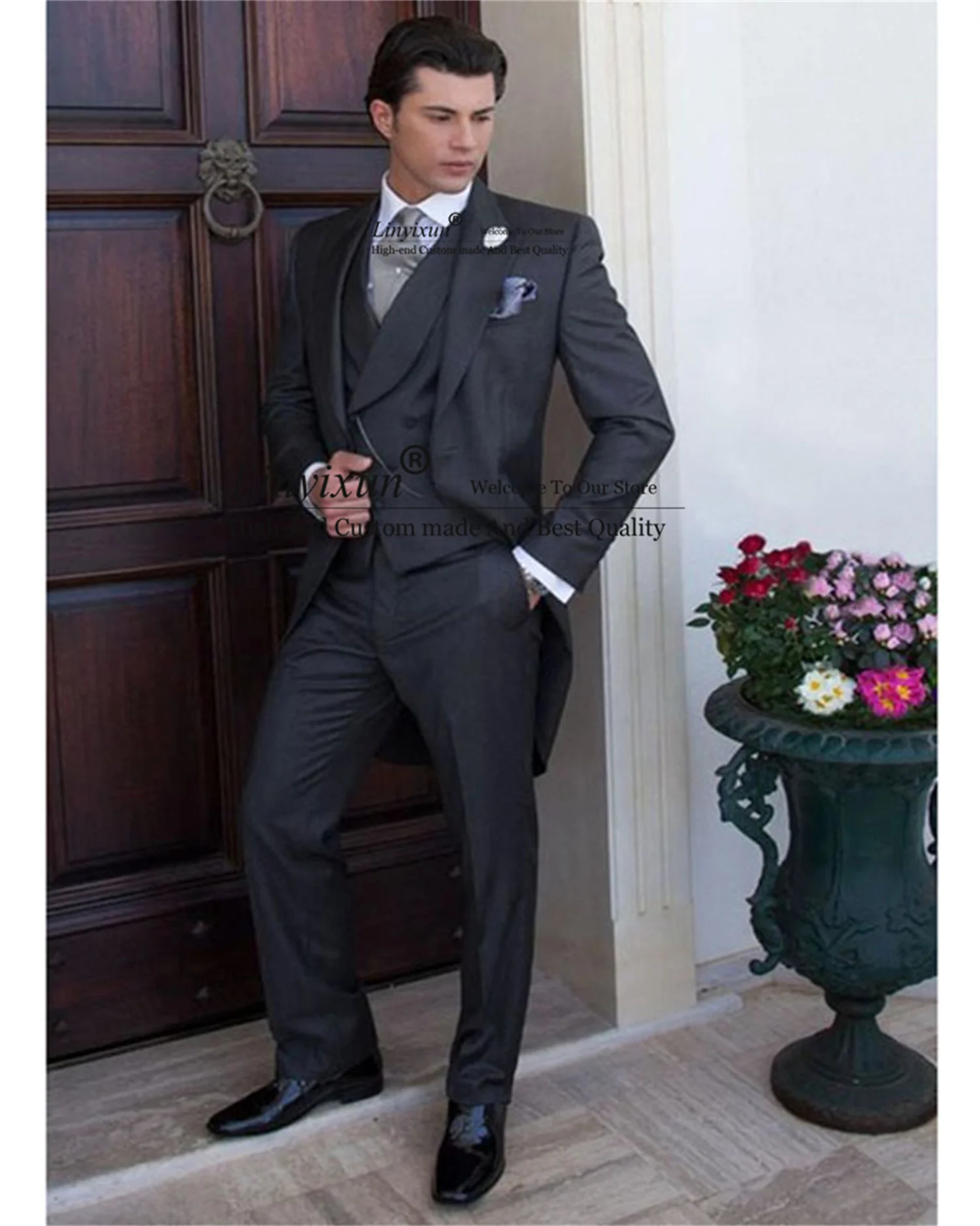 

Dark Grey Men's Suits Slim Fit Bridegroom Wedding Prom Tuxedos Groom Blazer 3 Pieces Set Costume Homme Long Jacket+Pants+Vest