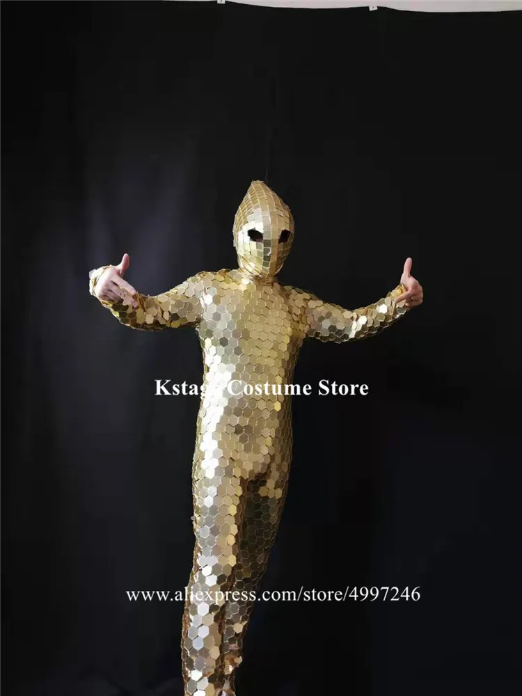 BV2 Gold mirrors glass robot men suit party dj perform outfit dance mirror costumes party dress clothe male show disco mask club