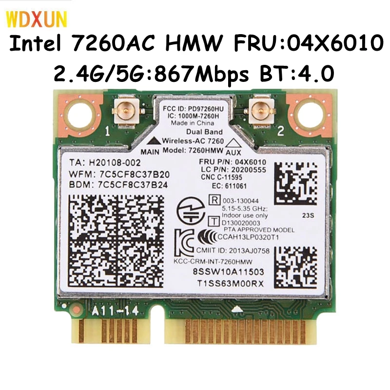 

Dual Band Wireless Intel 7260 7260ac 7260HMW 802.11ac Mini PCI-E Wifi BT4.0 Card 867M For Lenovo IBM Thinkpad 04X6090 04X6010