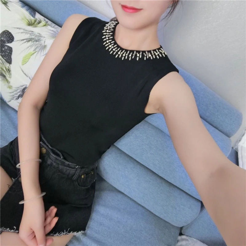 Y2k 2000S Aesthetic Ice Silk Sleeveless Knit  Thin Chain Beading Pearl Vintage Tank White Black Tank Harajuku tops Women 2021