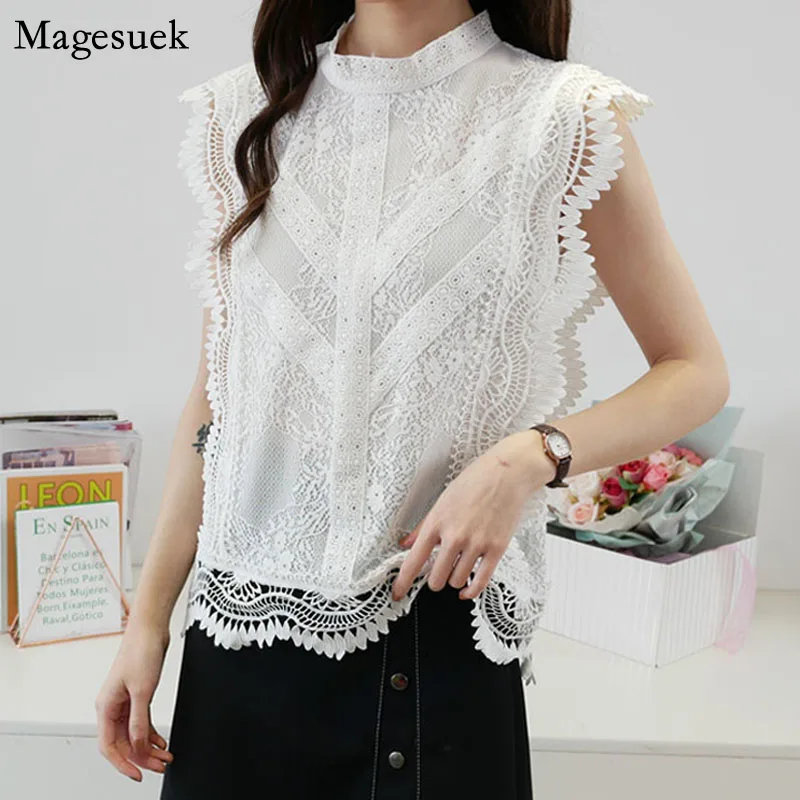 Elegant M-4XL Lace Tops 2021 Summer Sleeveless Ruffles Blouse Women Hollow Blusas Sexy Shirts Elegant Ladies Top Clothes 14733