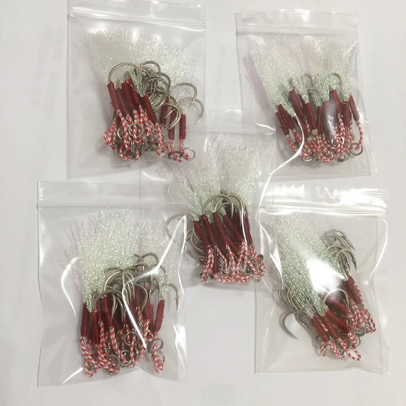 100pcs/Lot Assist Hook Fishing Lure Slow Jigging Fish Cast Jigs Barbed Single Jig Hooks Thread Feather Pesca Carbon Steel Peche