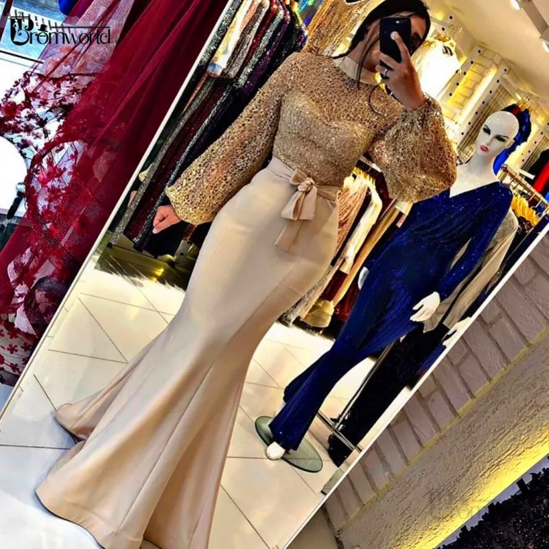 

Fashion Golden Evening Dresses 2025 O-Neck Full Sleeves Sashes Mermaid Satin Vestidos De Fiesta Long Formal Prom Gown