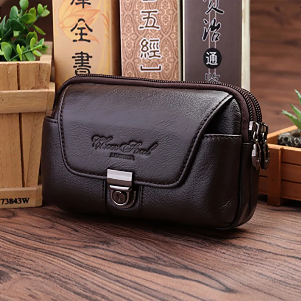 Genuine Leather Men Belt Bag Cell/Mobile Phone Case Cover Wallet Purse Male Natural Skin Hip Bum Fanny Waist Pack Bags