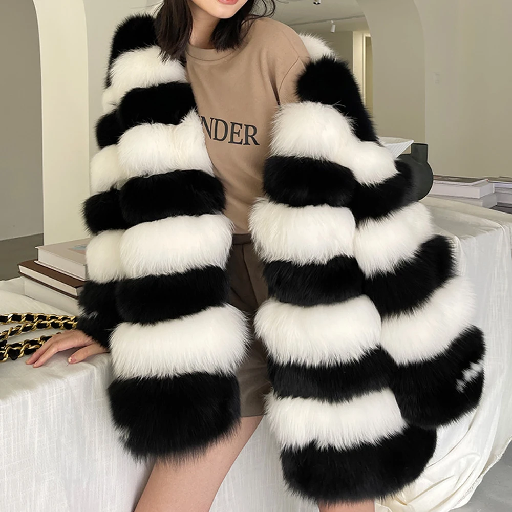 

Fashion Mid-length Real Fox Fur Coat V-neck High Quality Color Patchwork Genuine Leather Fox Fur Coats Natural Woman Overcoats