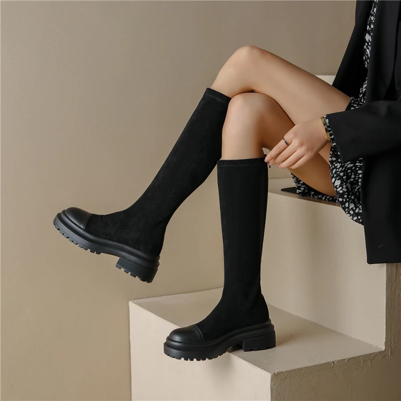 FEDONAS Autumn Winter Concise Fashion Women Knee High Boots Genuine Leather Slim Long Stretch Boots Thick Heels Shoes Woman New