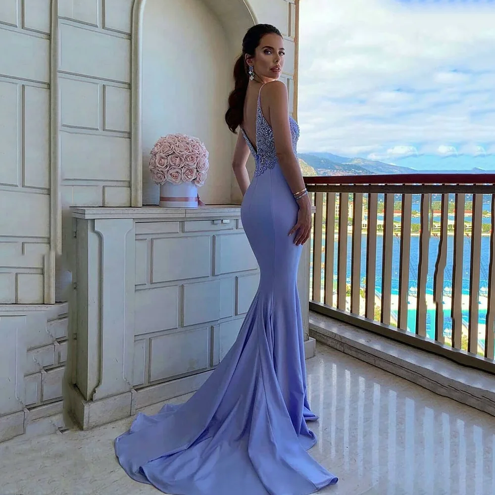 Lavender Party Gowns Mermaid / Trumpet  Dress Customized Spaghetti strap Sweep/Brush Beading Sleeveless Zipper Evening Dresses