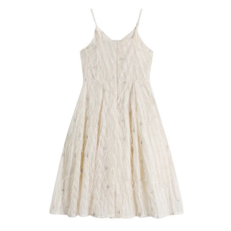 

French Summer Style Women Elegant Fashion Slim Fit Mid-Length Sling Dress Female Lace Star High Waist V-Neck A-Line Dress Korean