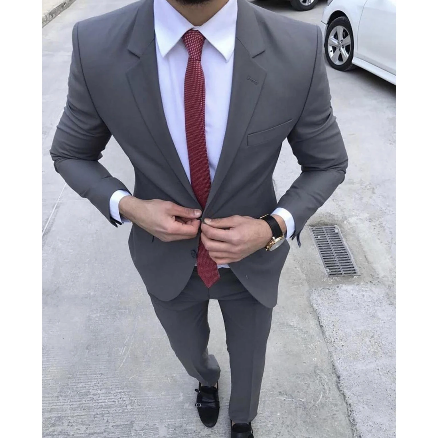 

Gray Wedding Tuxedos Men's Suits Slim Fit Beach Groomsmened Lapel Formal Black Couple Prom Party Two Pieces Suit Jacke Pants