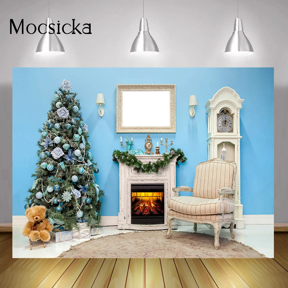 Winter Indoor Photography Background Christmas Fireplace Blue Wall Background Decoration Xmas Tree Toy Bears Sofa Photocall Prop