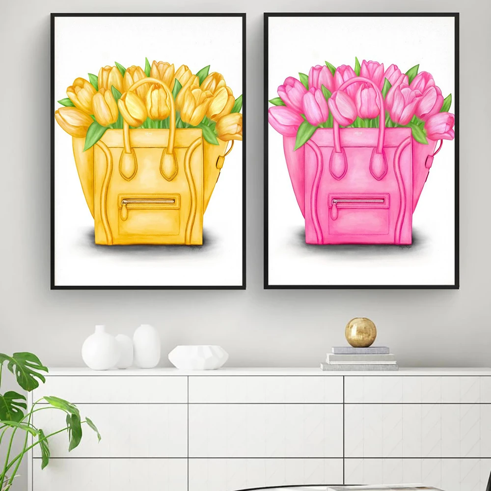 قماش المشارك الوردي الأصفر زهرة توليب حمل حقيبة الشمال مطبوعة طلاء جدران موضة أنثى جدار الفن جدارية لمتجر ديكور المنزل