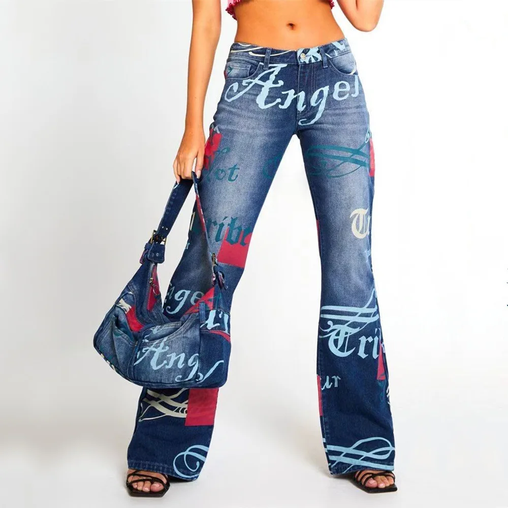 

Fashion Wide Leg Pants Women High Waist Letters Printing Trousers Denim Causal Pants Blue Streetwear Pantalon