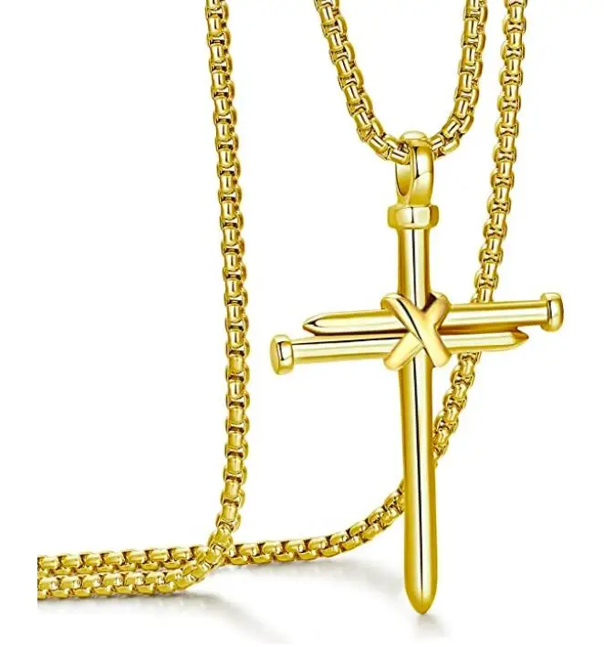 Stainless Steel Nail Cross Pendant Necklace For Men Women Gifts Jewelry With 3mm 18-32'' Box Chain Polished