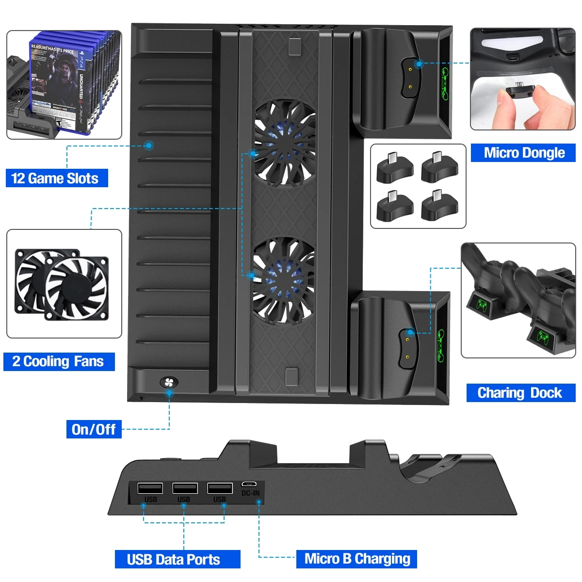 Suporte de ventilador de refrigeração para PS4, PS4 Slim, PS4 Pro, 2 Controladores Carregador, estação de carregamento para PS4 Playstation 4, Console Controller Stand
