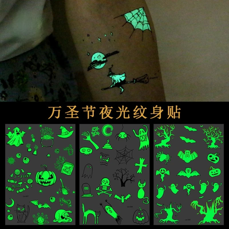 Spider Web Pumpkin Face Fluorescent Luminous Cartoon Waterproof Temporary Tattoo Stickers Halloween Temporary pattern Kids Toy