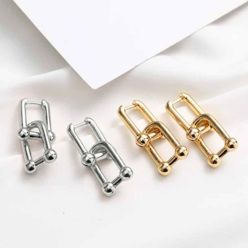 Vintage Brass Thick Link U Shape Geometric Chunky Huggie Earrings For Women Gold Chic Stylish Dangle Drop Earrings Jewelry