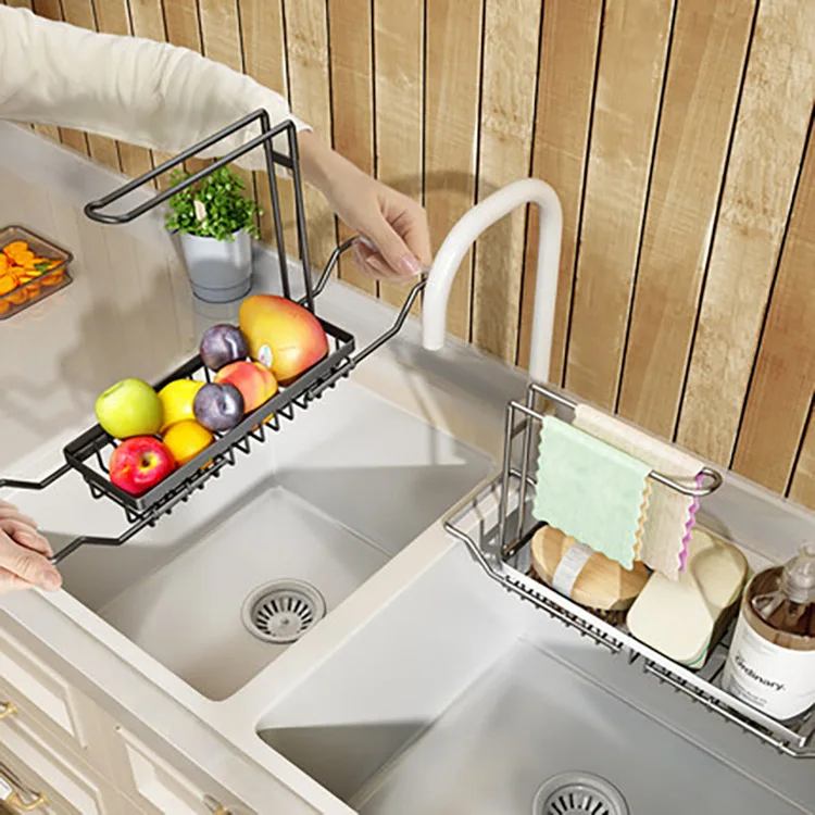 Kitchen Sinks Organizer  Scalable Stainless steel Sink Rack Soap Sponge Holder Towel Drain Rack  Storage Basket Kitchen Gadgets