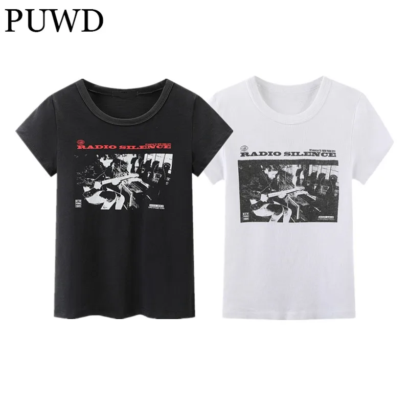 PUWD Soft Stretchy Tee Women Cotton Thin Crewneck Collar 2022 Fashion Ladies Print Tshirt Y2K Vintage Female Streetwear Tops