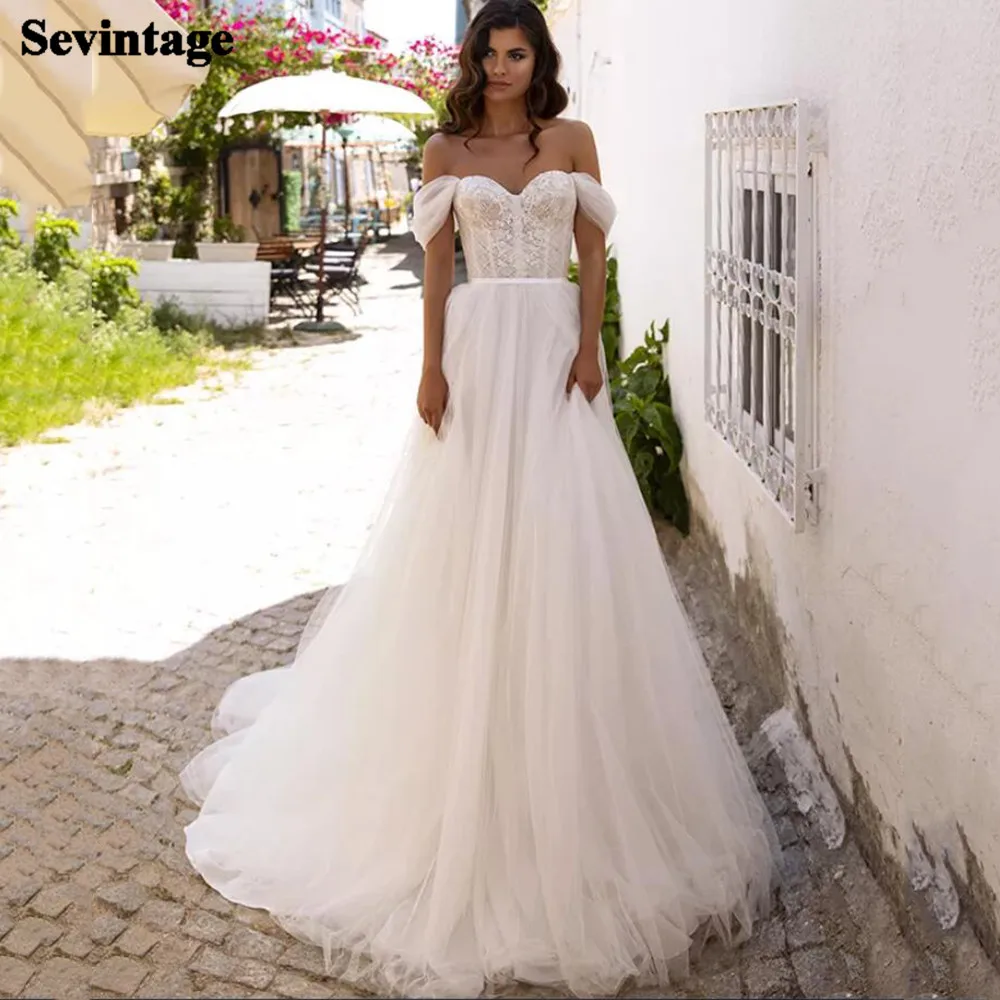 Sevintage-Vestidos de Novia de encaje, línea A, con hombros descubiertos, plisados, estilo bohemio, para playa y Campo, personalizados