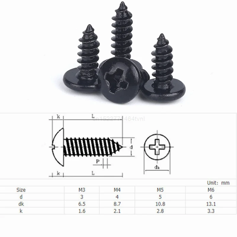 50pcs/25pcs M3 M4 M5*L Steel with Black Phillips Truss Head (Cross Recessed Mushroom Head) Self Tapping Screws