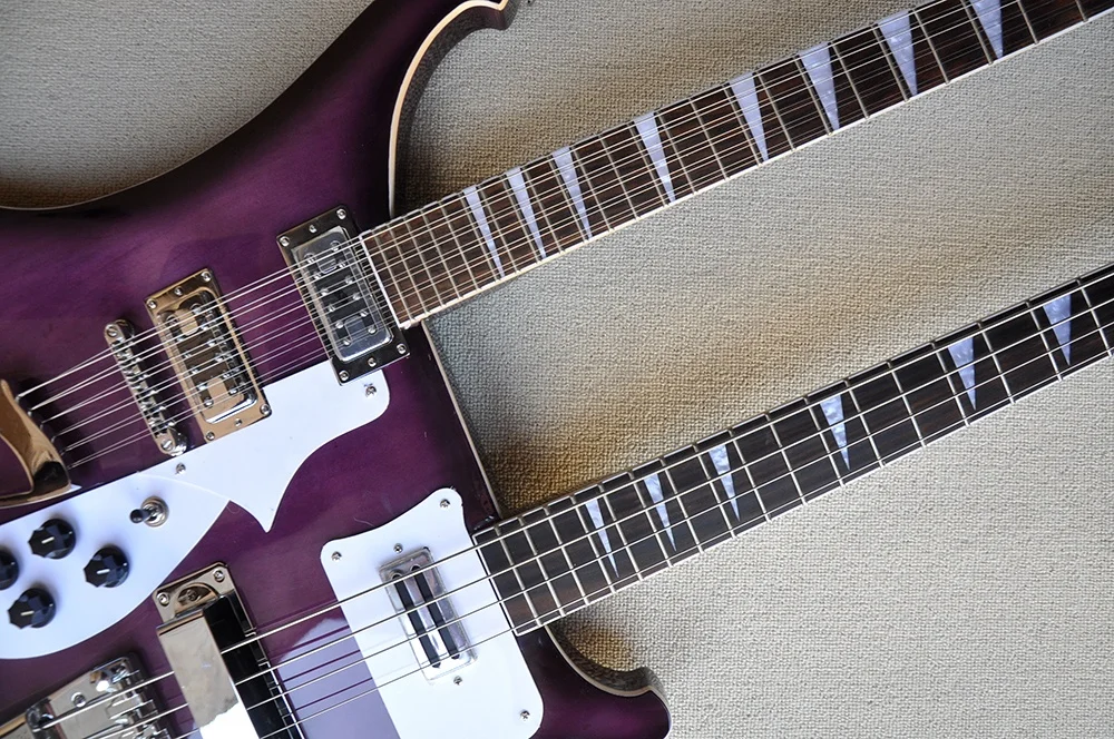 Factory Custom 12+4 Strings Purple body Double Neck Electric bass Guitar ,Chrome hardware,Provide customized service