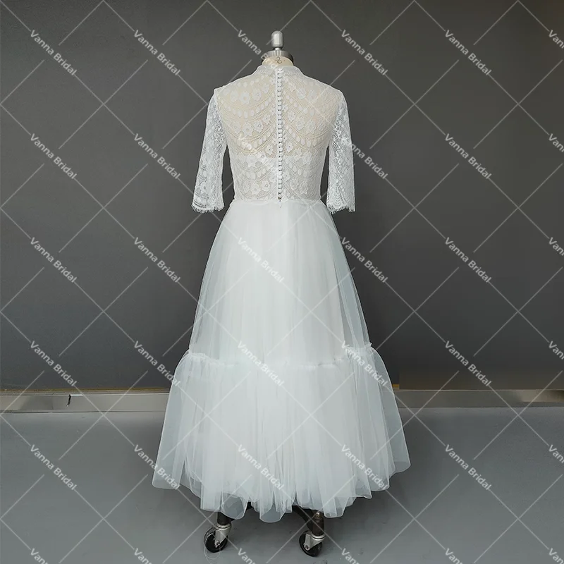 Vestido de novia de encaje de media manga, cuello vuelto personalizado, ilusión transparente, escote en V