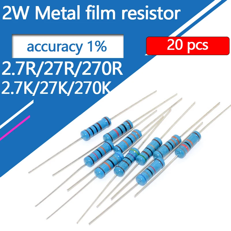 20pcs 2W 2R7 27R 270R 2K7 27K 270K 2.7 27 270 Ohm R K Accuracy 1% Five-Color Ring Resistance 0.1R-10M Metal Film Resistor