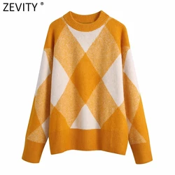 Zevity New Women Vintage O Neck Color Match Geometric Casual Knitting Sweater Female Chic Basic Long Sleeve Pullovers Tops SW913