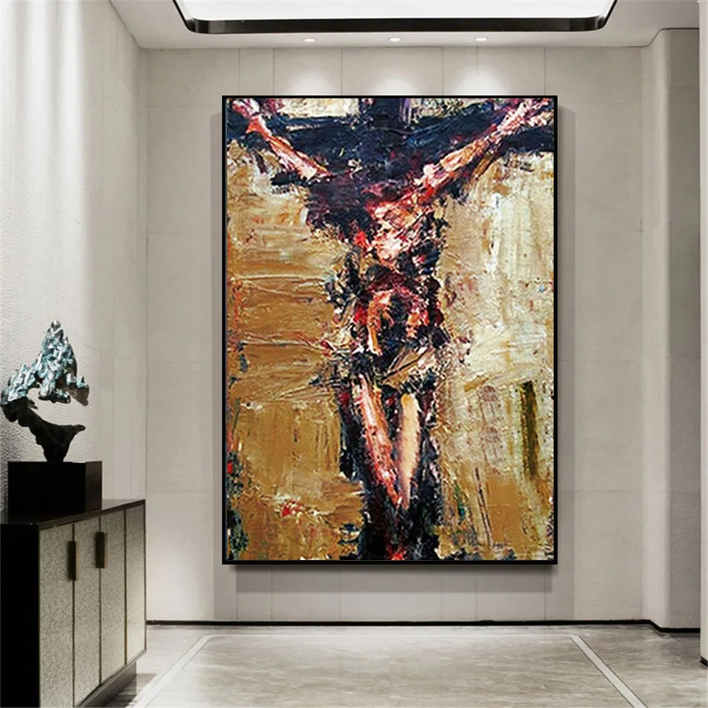 Large 100% Handmade Kitchen Decoration Mural Handpainted Pray Oil Painting Crucifixion Jesus Canvas Wall Art Artwork