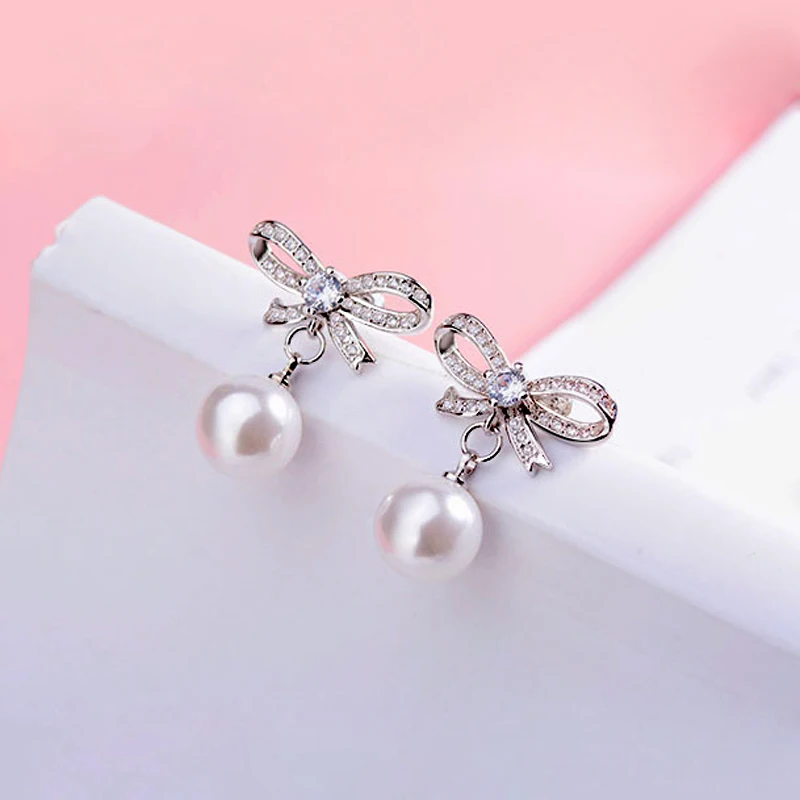 Nowe mody Bowknot 10mm Pearl Drop kolczyki 925 Sterling Silver Rhinestone elegancki wisiorek Ear Stud kobiety biżuteria prezent urodzinowy