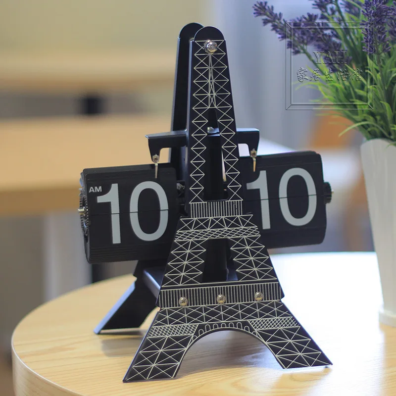 

Creative European clock clock electric page turning clock Paris Eiffel tower clock automatic living room page turning clock