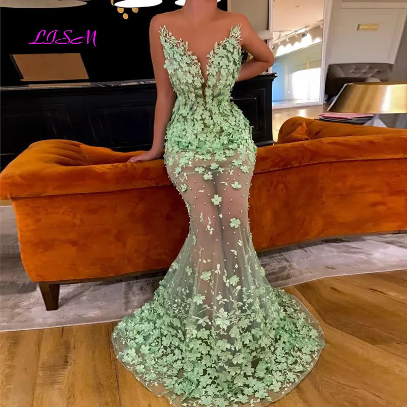 Mint Green Mermaid Evening Dresses 3d Flowers Beaded Sleeveless Prom Dress Sexy Dubai Saudi Arabic Long Evening Gowns