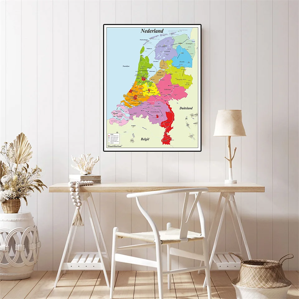 Mapa Holandii w Holendersie 59 * 84 cm Plakat ścienny Ekologiczny obraz na płótnie Pokój dzienny Dekoracja domu Artykuły szkolne