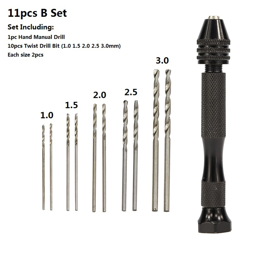 11pcs 0.6-3.0mm Hand Drill Set Jewelry Craft  Manual  HSS Mini Twist  Bit