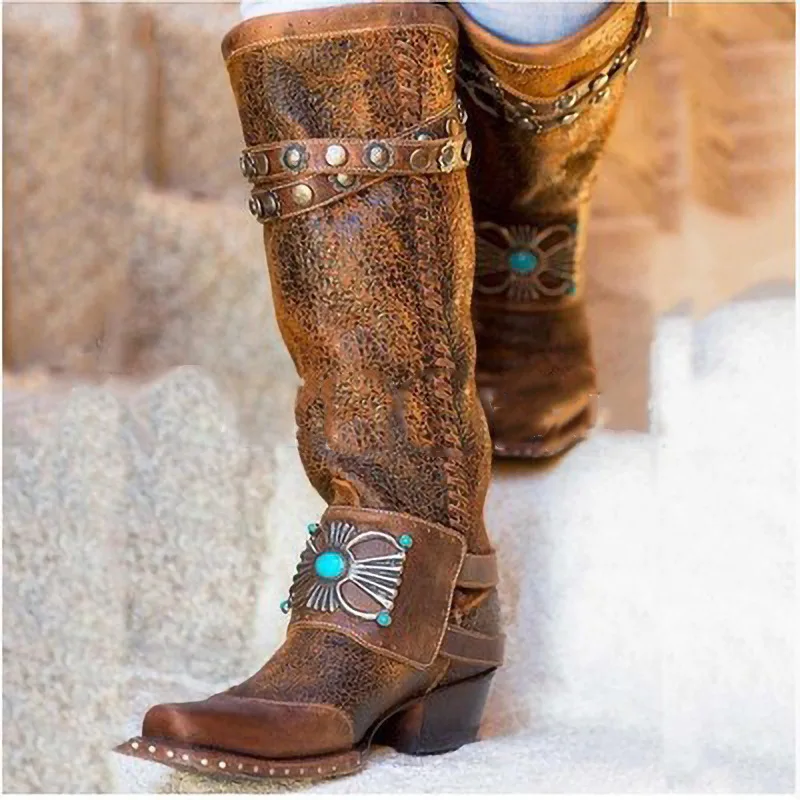 Woman Vintage Fashion Women Knee High Boots Leather Riding Boots Medieval Cowgirl Boots Autumn Winter Ladies Flat Boots