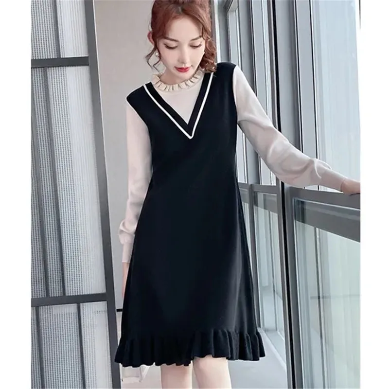 Spring Autumn Women Chic Casual Oversize A-Line Long Sleeve Fake two Sweater Dress Knit Female Knitted office ladies Dress A822