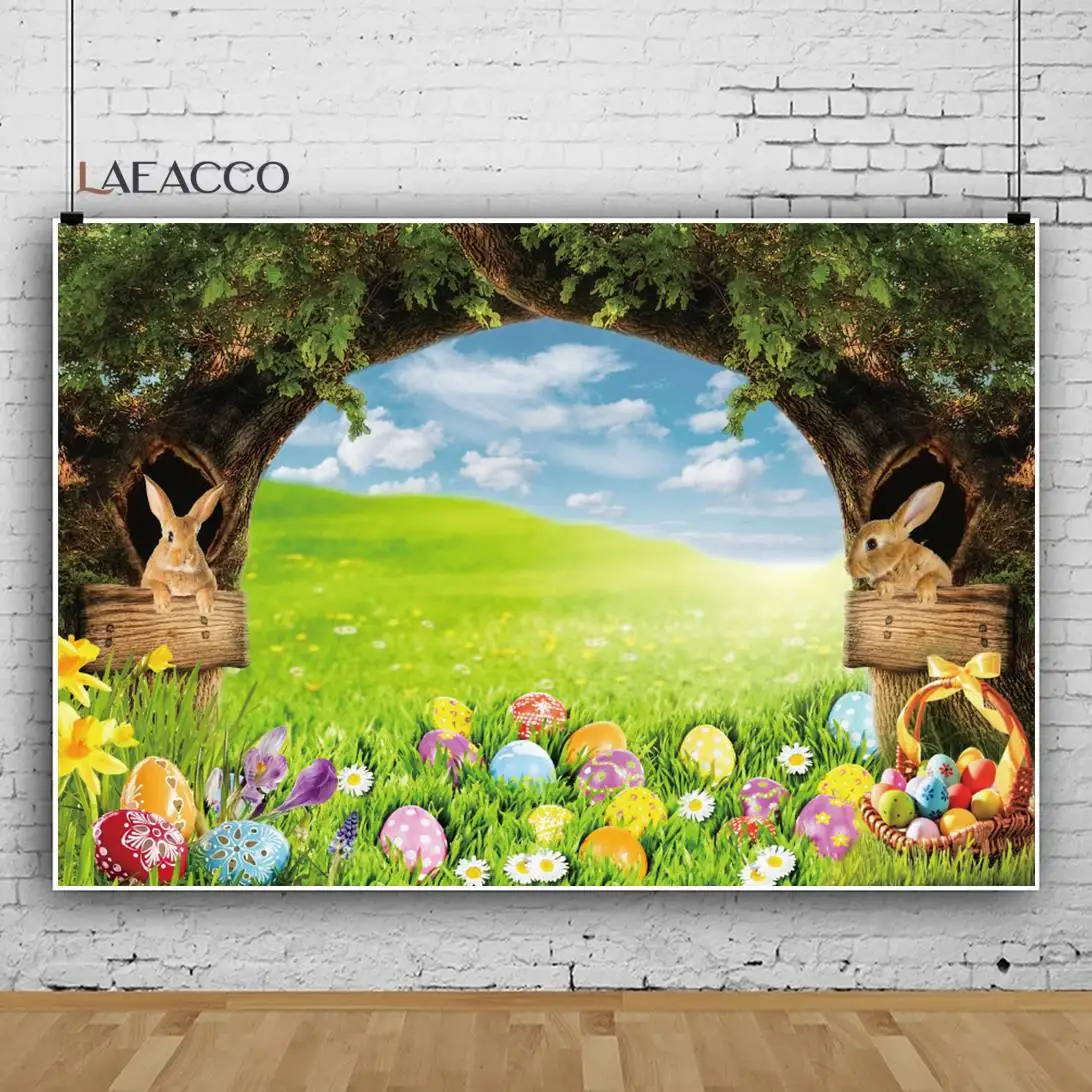 Spring Easter Sunday Backdrop Old Tree Rabbit Flowers Grassland Colored Eggs Background Newborn Bunny Portrait Photography Prop